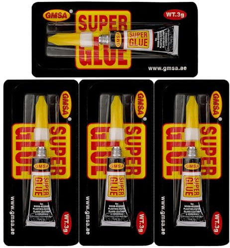 GMSA 4 Pack SuperGlue - 3g Fastest & Toughest Adhesive Instant Repair Super Glue All Purpose - Strong Super glue for Hard Plastic, Rubber, Metal, Leather, Ceramics, Wood, DIY Craft & as Shoe Glue