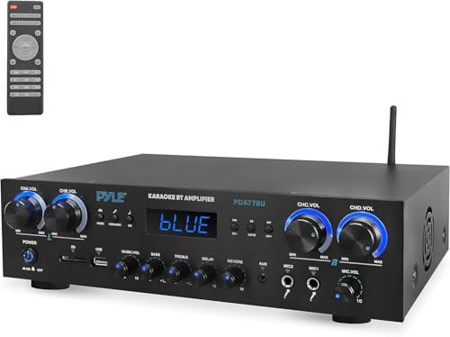 Pyle Bluetooth Amplifier, 4 Channel 800W Home Stereo Hi-Fi Receiver with MP3, Reverb Delay, Wireless Audio Amp for Karaoke Machine, Singing, Teachers, and Bluetooth Microphone Use