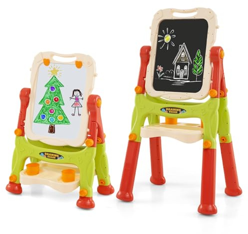 DREAMADE Chevalet 2 en 1, Tableau Enfant Double Face Magnétique, Tableau Rotatif et Amovible avec 2 Hauteurs Réglables, Plateau de Rangement et Papeterie livrés, (Orange)