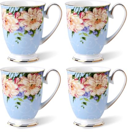 Coffee Mugs Set of 4, 11 oz/312 ml Bone China Teacup with Floral Pattern for Coffee, Tea, Latte, Cappuccino, Milk, Cocoa, Juice and Other Hot Drinks, Ideal for Home Kitchen Office Gifts (Blue)
