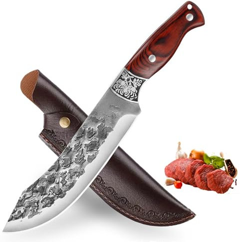 Fubinaty Chef’s Knife 7 Inch Japanese Handmade Forged Kitchen Knives Full Tang High Carbon Steel Cooking Knife Wooden Handle Vegetables Knife with Sheath for Home and Grill