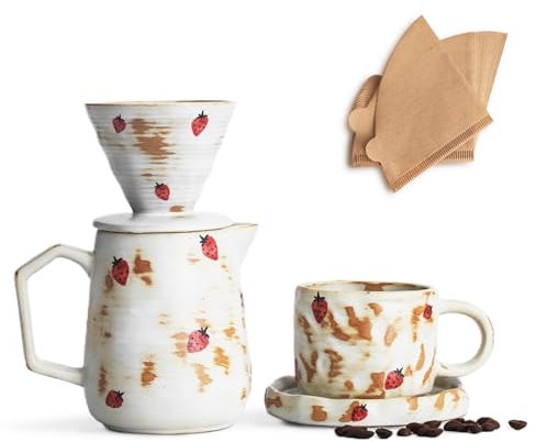 Handcrafted Pour Over Coffee Maker Set with Coffee Cup with Strawberry Pattern 20 Count Paper Filter V60 Drip Coffee Maker 20 oz Coffee Dripper (Strawberry)