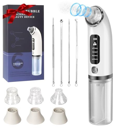 Hossom Aspiratore Punti Neri Rimozione, Elettrico Comedone Pulitore dei Pori, Aspira Brufoli e Impurità con 6 Testine e 4 Modalità di Aspirazione, Blackhead Remover Vacuum