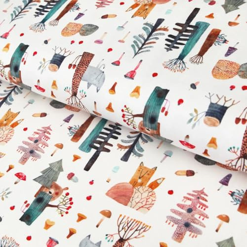 Baumwolljersey mit Waldtier-Design – Hochwertiger Jerseystoff mit bunten Waldtieren auf weißem Hintergrund, ideal für kreative Nähprojekte.