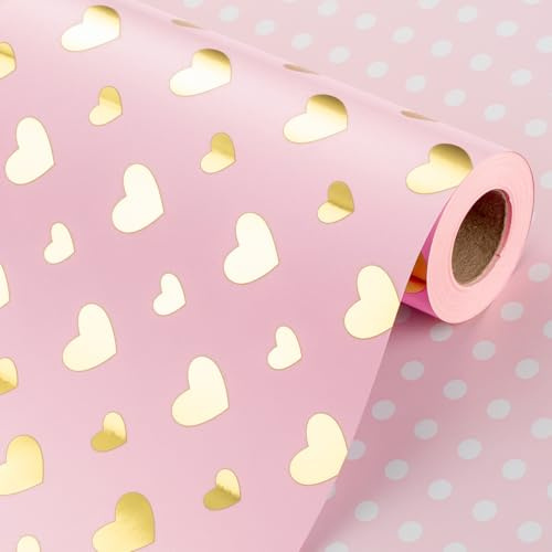 Wikadlik Carta da Regalo Oro Lucido con Cuore Carino - Carta da Regalo Reversibile a Pois a Forma di Cuore Rosa per San Valentino, Matrimonio, Compleanno, Addio al Nubilato - 43 cm x 10 m