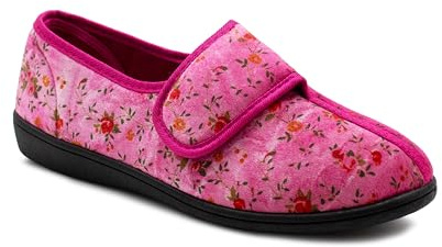 Dr Keller Womens Slippers Floral Wide Open Touch Fasten Ladies Diabetic Orthopaedic Velour House Shoes Slippers (Floral, UK Footwear Size System, Adult, Women, Numeric, Medium, 4)