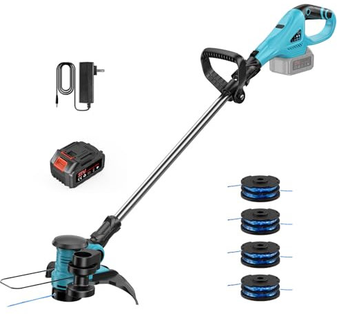 Desbrozadora Bateria 2 en 1 Cortabordes Bateria,Cortadora de Césped Eléctrica Plegable con 1 Baterías 4.0Ah y 4 Carretes de Recambio, para Césped, Jardines y Prados. (Una batería)