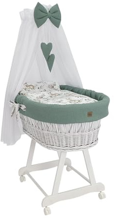 Wiklinopol Cestino Moses con baldacchino Lena – Culla in vimini con struttura – Cestino bianco, set completo con biancheria a nido d’ape 5 pz. Cerbiatto khaki – Con ruote, portatile, sicuro