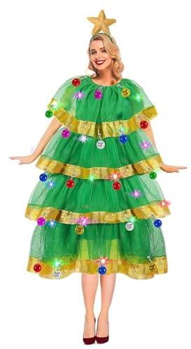 Generico Costume da Albero di Natale per Donna, Vestito Adulto con Gonna Tutu a Strati, Abito Festivo per Feste, Natale e Halloween, Glitterato con Decorazioni Natalizie Outfit Donna (Green, XL)