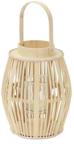 ECD Germany Linterna de Bambú de Madera, 44cm de Altura, Portavelas de Jardín con Asa y Inserto de Cristal, Farolillo de Estilo Boho, Lámpara Colgante Interior/Exterior Decorativo para Terraza, Balcón