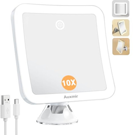 Auxmir Espejo Maquillaje con Luz 10X, Espejo Aumento Ventosa Ducha, 2000 mAh USB Recargable, 360 Giratorio, 3 Colores de Luz, Inalámbrico para Pared Baño Viaje, Afeitado Depilación Cejas, Cuadrado