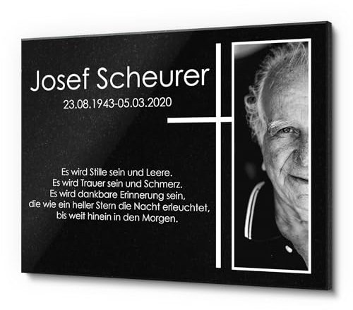 Hochwerter echter Grabstein Granit (Nero Assoluto) - frei gestaltbar mit Foto & Text | Wetterfeste Grabplatte für Grab Urnengrab 40x30 cm | Schöne Gedenktafel mit farbigem Bild - Gedenkstein Grabdeko