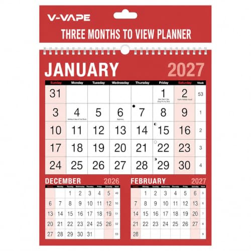 V-VAPE 2027 Three Month to View Wall Calendar, Spiral Bound Planner | Three-month-to-view wall planner with spiral binding for tracking appointments, events and schedules at home, work or office