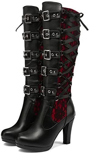 KysBloes Women Lace Goth Knee High Boots Buckle Block Heel Lace Up Knee Length Boots Punk Platform Tall Boot(Red,US size 8)