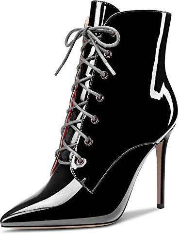 Castamere Femmes Aiguille Haut High Talon Heel Fermeture à Glissière Pointu Bout Bottines Lacets Dress Sexy Bureau 10 CM Heels Bottes Noir Vernis 45 EU