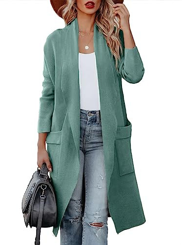 Maavoki Strickjacke Damen Lang Offene Front Herbst Cardigan mit Tasche Casual Einfarbig Warm Strickmantel, Mintgrün, M