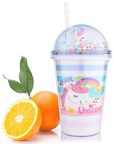 FORYNXHWIN Bicchieri con Cannuccia e Coperchio, 350ml Bicchiere in Plastica Riutilizzabili Doppia Parete Glitter Unicorno senza BPA per Bevande, Latte, Succhi, Caffè
