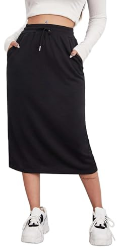 SOFIA'S CHOICE Women's Drawstring Skirt High Waist A Line Midi Skirts with Pockets Black Small