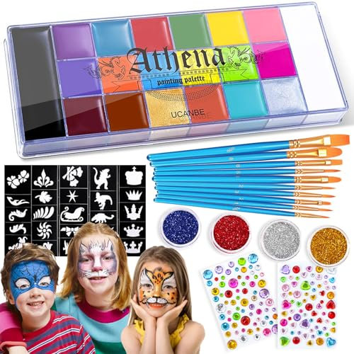 Axinyijia Kinderschminke Set 10/15/20 Farben, Karneval Body Painting Gesichtsfarben Schminke für Kinder Erwachsene mit Glitzer, Berufs Pinsel, Vorlagen, Schwämme Kinderschminken Set