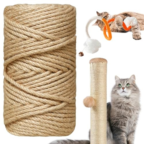 Natural Sisal Rope for Cat Scratcher,1/4 inch,164Ft,Natural Jute Rope for Cat Scratcher Repair and DIY Tree, Recovering, Hemp Twine Rope for Cat Scratching Post Tower Replacement with Chew Toy