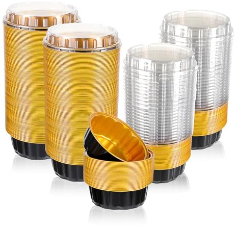 100 Pack 8 oz Disposable Ramekins with Lids, Creme Brulee Dessert Cupcake Ramekin Aluminum Foil Cup, Black Gold Aluminum Foil Cups, Cupcake Containers for Wedding, Kitchen, Party, Graduation