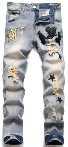 Kdtoll Jeans Uomo Y2K Streetwear Strappati con Ricamo Pentagramma - Slim Fit Pantaloni in Denim Stretch, Casual e Versatili