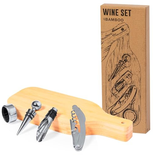 Set de Vino en Estuche de Bambú | Diseño en Forma de Botella | 4 Accesorios de Acero Inoxidable | Sacacorchos Profesional | Tapón | Dosificador | Recogegotas | Extra PosaMóvil