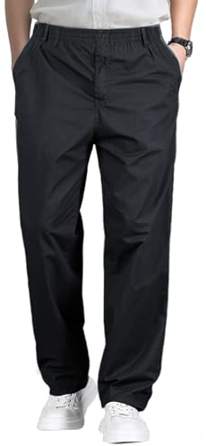 Aimato Pantalon chino pour homme en 100 % coton, léger, pour les loisirs et le bureau, coupe droite, avec taille élastique, cordon de serrage réglable + 4 poches pour le quotidien et le confort, Noir