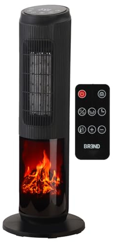 BREND BR-2222 Chauffage Électrique avec Cheminée Décorative et Thermostat 18-45°C – Chauffage Céramique avec Oscillation – Effet Flamme Réaliste – Minuterie – Noir