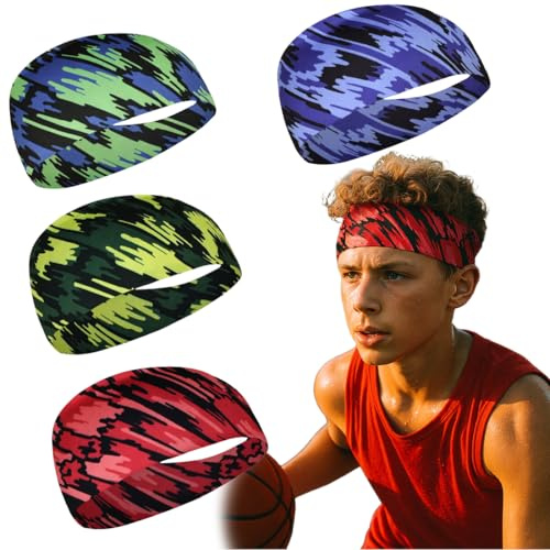 KIRZAX Bandeau de sport pour enfants (4 pièces), bandeau respirant, bandeau élastique, adapté à la course à pied, au cyclisme, à l'entraînement, à la frappe d'un ballon