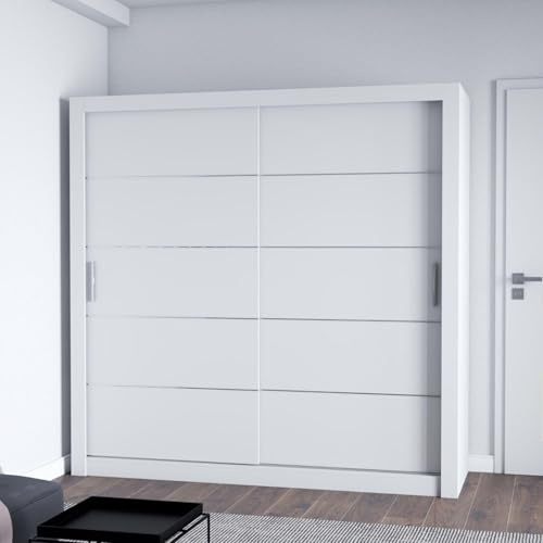 FHI_LEXISS Modern Sliding Door Wardrobe with Shelves, Hanging Rails & Optional LED Light – Bedroom Closet Storage Cabinet – Available in 100cm, 120cm, 150cm, 180cm, 203cm (White, 180cm)