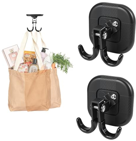 Large Swivel Magnetic Hooks Heavy Duty for Hanging with 360° Rotation, Non-Scratch Strong Magnet Organizer Holder for Trunk, Ceiling Mount with Rubber Coating for Cruise, RV, Garage, Workshop, 2 Pack