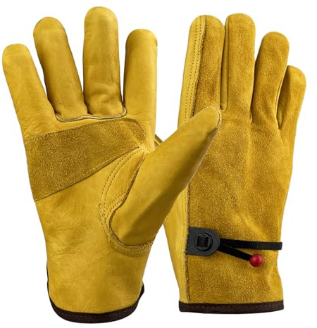 CHALVIOR Guantes de Trabajo de Cuero Para Hombres y Mujeres, Fabricados en piel de vacuno, Resistentes y duraderos, Resistentes a los pinchazos, para Trabajos de jardinería, Amarillo L