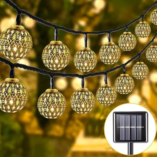 Weiongppy Catena Luminosa Solare Esterno,Solare Operato Sfera Marocchina,7M 50LED Catena Luminosa Decorativa a LED con 8 Modalità per Cortile, Patio, Feste, Natale (Bianco Caldo)