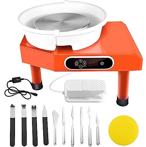 JHNKOJ Electric Pottery Wheel with Ball Stylus, 350W Clay Wheel Pottery Ceramic Wheel Thrower for Adult Beginners, with Foot Pedal, LCD Touchscreen, Clay Carving Tools and Clay Cutter,Grey