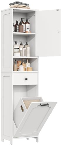 GoaHi 66.9 Tall Bathroom Cabinet with Laundry Basket, Freestanding Bathroom Storage Unit with Drawer Door and Shelves, Tilt-Out Laundry Hamper with Upper Storage Cabinet, White