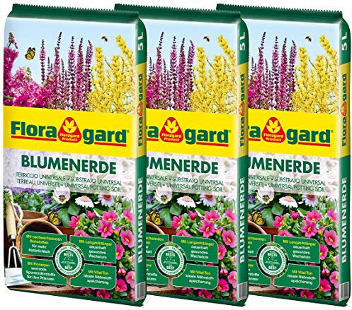 Floragard Blumenerde 3x5 L - Universalerde für Zimmer-, Balkon- und Kübelpflanzen - mit Ton und Langzeitdünger - 15 Liter