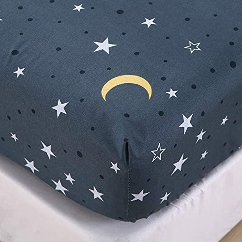 Chickwino Spannbettlaken 120x200cm Kinder Matratzenschoner, Blauer Stern Mond Galaxis Bettlaken für Einzelbett Boxspringbett - 100% Mikrofaser Spannbetttuch Geeignet für bis 25-30 cm Matraze