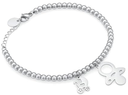amorili Bracciale Nascita Donna con Ciondoli Carrozzina Passeggino e Ciuccio in Acciaio Inox | Braccialetto Elegante Regolabile | Gioiello Futura Mamma Baby Shower Battesimo Regalo Nascita bcc2507c