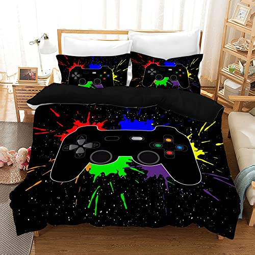 PQCXXA Gamepad Duvet Cover Single Microfiber Bedding Set, Kids Video Game Duvet Cover,Modern Gamer Gaming Controller Bedding Set for Boys Youth Teens Bedroom Decor (Watercolour, Single)