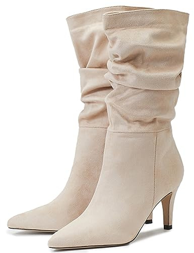 Makmeoyw Femmes's Slouch Mid Calf-Bottes Stiletto Heel Mid High Suède Bottes Apricot Bout Pointu Pleated Bottes Mi-hautes Mode Silp On Mid Heel Bottes Size 8