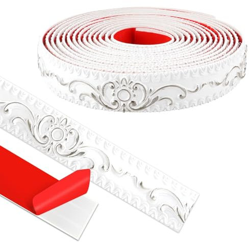 500cm*3.6cm Modanatura Adesiva, Rifiniture da Parete, 3D Finitura Decorativa per Bordi Specchio, Mobili, Cornici Porte, Soffitti, Home Decoration(Bianco con Argento)