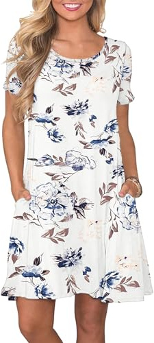 AUSELILY Vestidos Verano Mujer Vestido T-Shirt Casual Manga Corta con Bolsillos Blanco Floral L