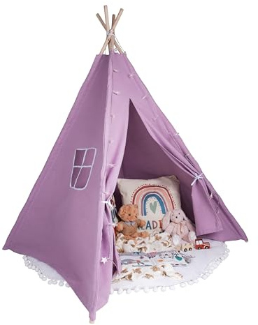 Relsy Tienda tipi violeta suave para niños | Tipi de juego violeta para niñas y niños 140 x 120 cm tela de algodón con estrellas luminosas y accesorios de alfombra