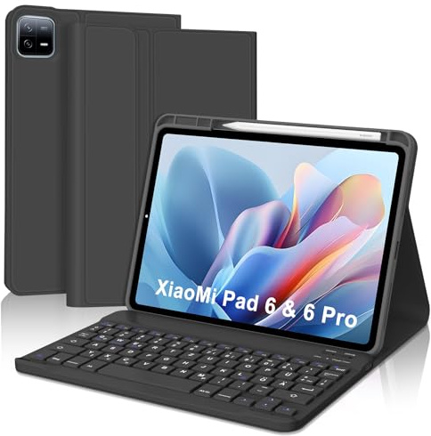 WINCHKING Hülle mit Tastatur für ‎Xiaomi Pad 6/ Pad 6 Pro 2023 11 Zoll, Tastatur Hülle für ‎Xiaomi Pad 6 11 Zoll 2023, Abnehmbarer Kabellose Bluetooth Magnetisch Mit QWERTZ Layout, Schwarz