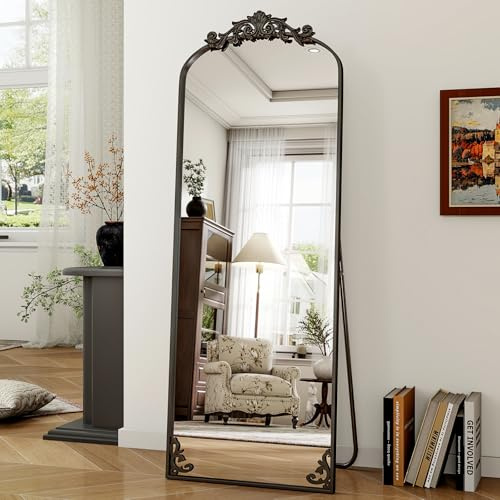 Koonmi Vintage Standing Mirror Full Length, 52x163 cm Shatterproof Gorgeous Floor Body Mirror with Beautiful Retro Engraving Process for Bedroom Hallway, Black