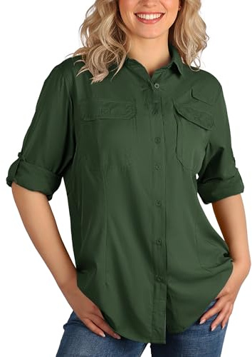 33,000ft Women's Safari Shirts Quick Dry Sun Protection Fishing Shirts Breathable Long Sleeve Hiking Shirt Blouses for Walking Camping Travel Dark Green S