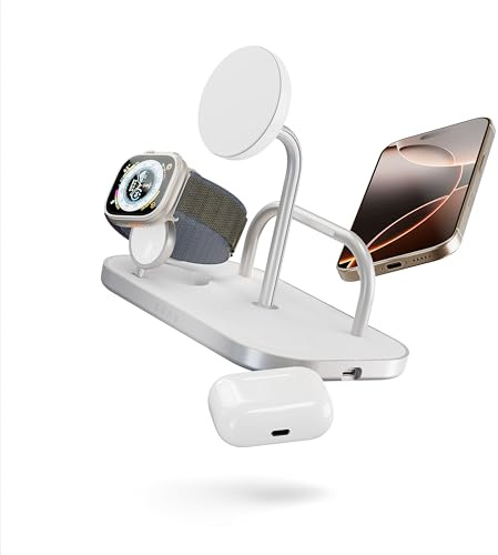 Zens 4-i-1 Trådlös Laddare, 15 W, Vit | MagSafe/Qi2 15 W trådlös laddare för iPhone/Apple Watch/AirPods, 65 W strömadapter (EU/UK/US) och 1,5m kabel, vit