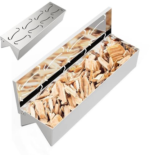 Raucherbox für Gasgrill, Holzchip Raucherbox für Gasgrill, Edelstahl V Form BBQ Rauchbox mit praktischem Scharnierdeckel für maximale Raucherzeugung (Größe: 30x8x6CM)