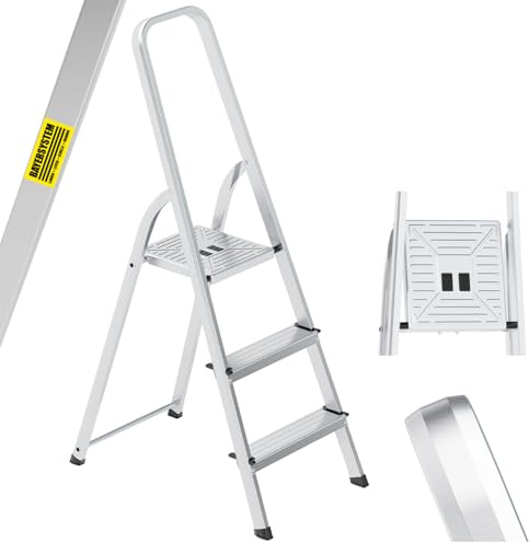 Bayersystem Aluminium-Stehleiter, 3-stufig, leicht, klappbar, tragbar, robust, breite Plattform, 150 kg Tragkraft, rutschfeste Füße, Mehrzweckleiter für Haushalt, Lager, Büro